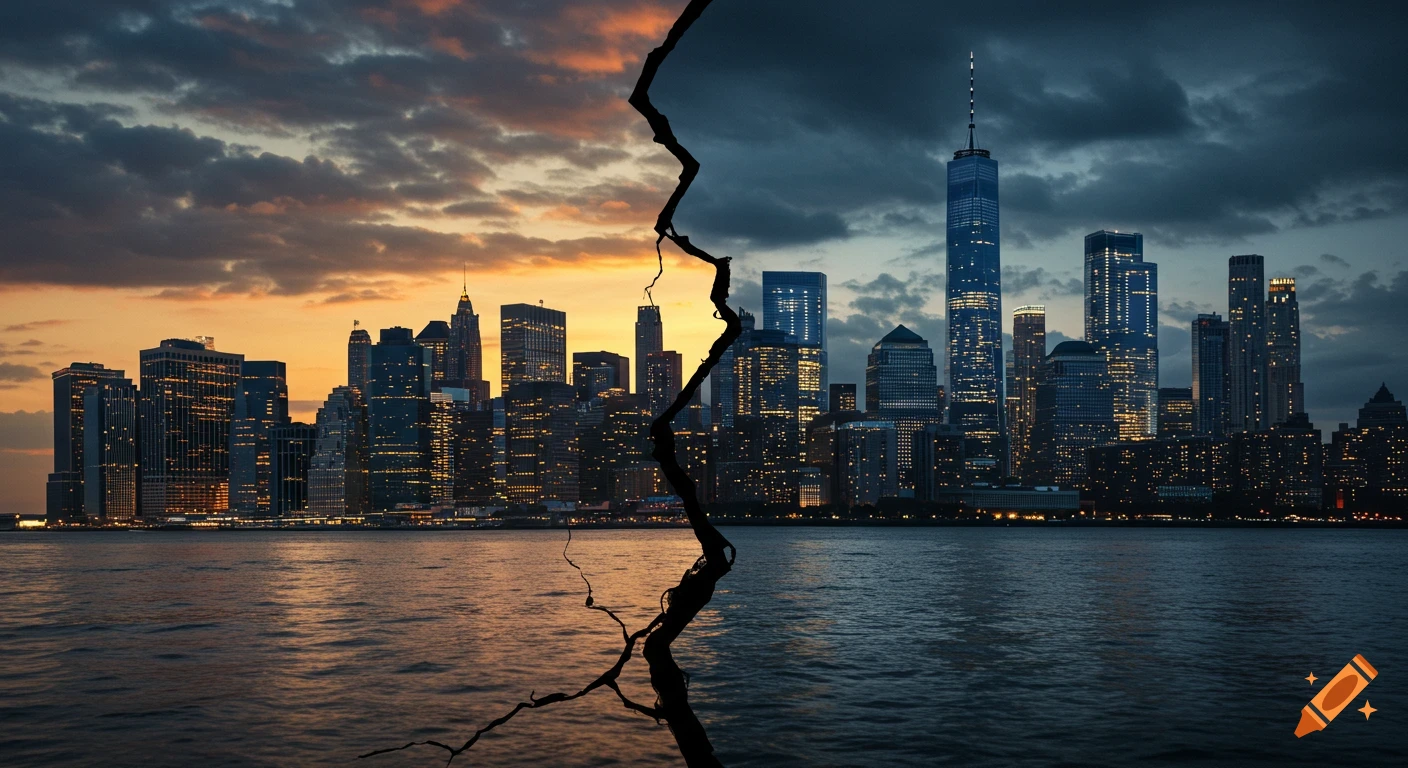 Stylized New York City skyline split by a jagged crack, sunset on left, night on right, over water.