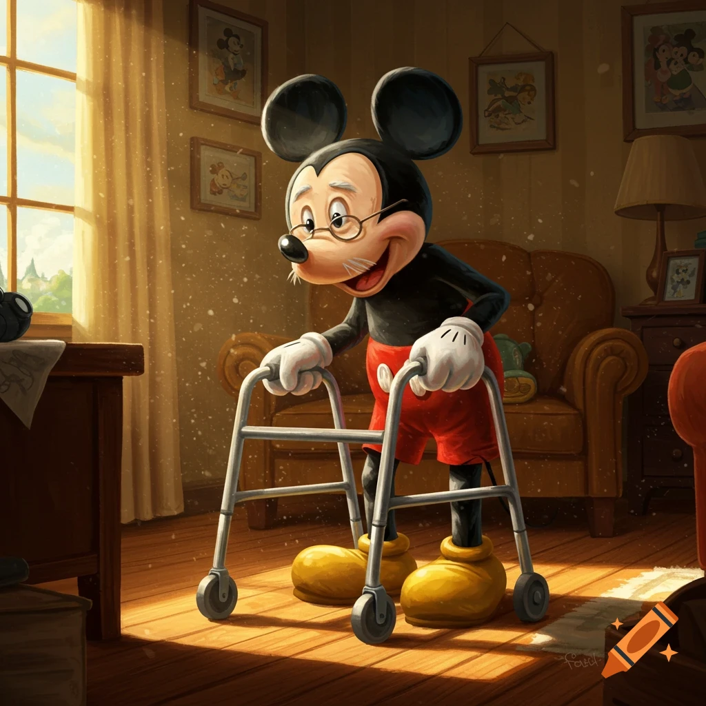 Aging Mickey Mouse wearing glasses, walking with a walker in a sunlit room.