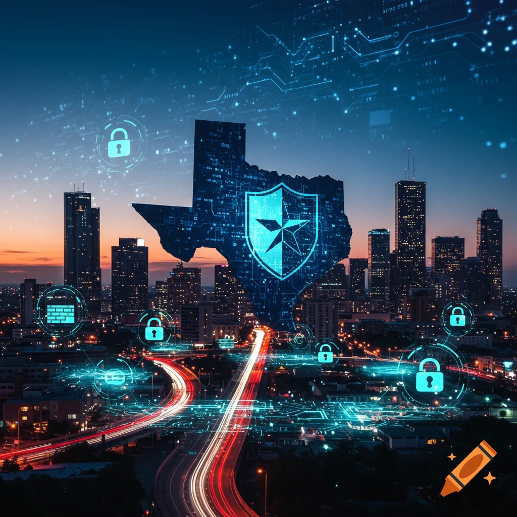 An evening cityscape with a glowing blue outline of Texas overlayed, featuring cybersecurity icons like locks and a shield, with circuit patterns and light trails from traffic.