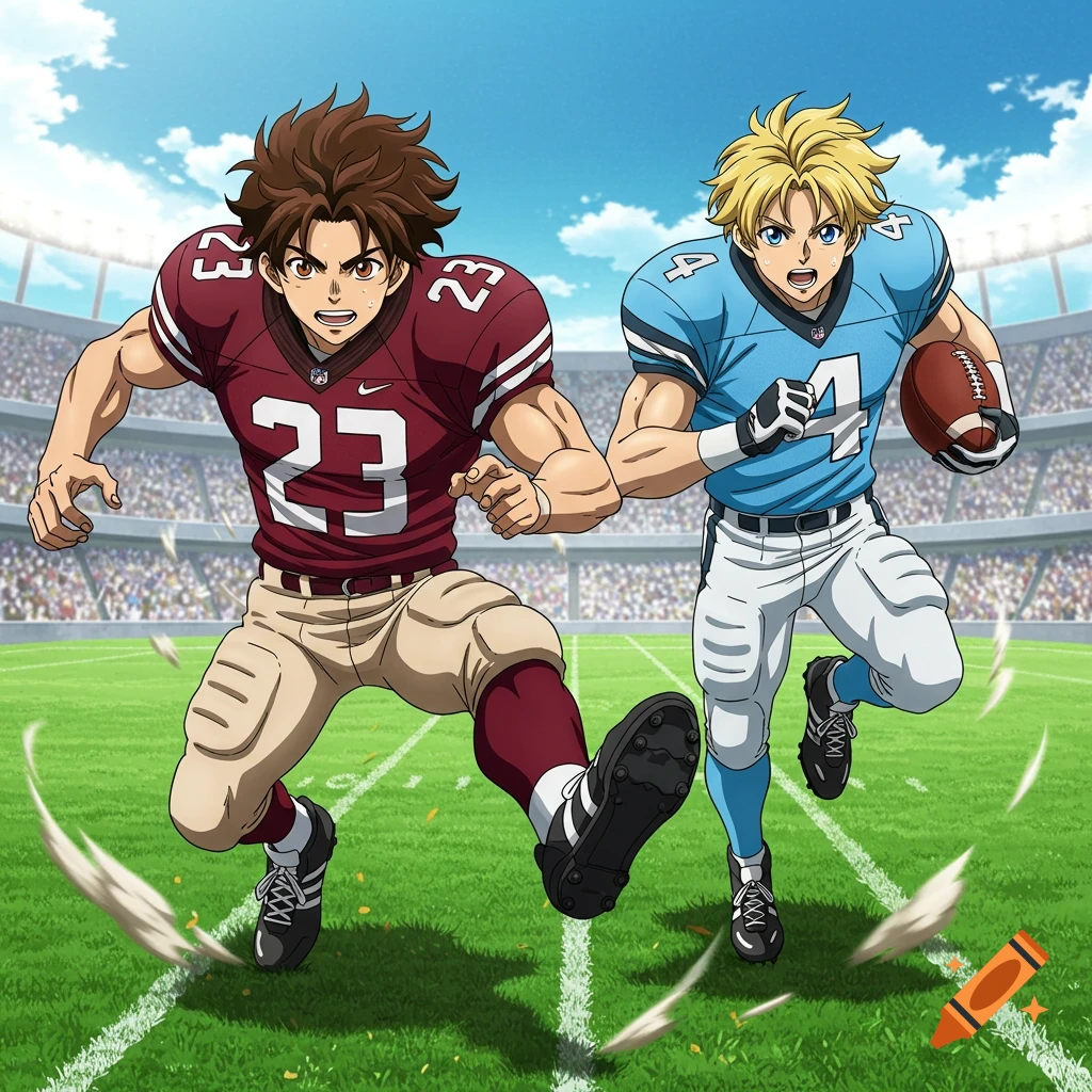 Two anime-style football players, one in a red number 23 jersey and the other in a blue number 4 jersey, run on a green field in a stadium.