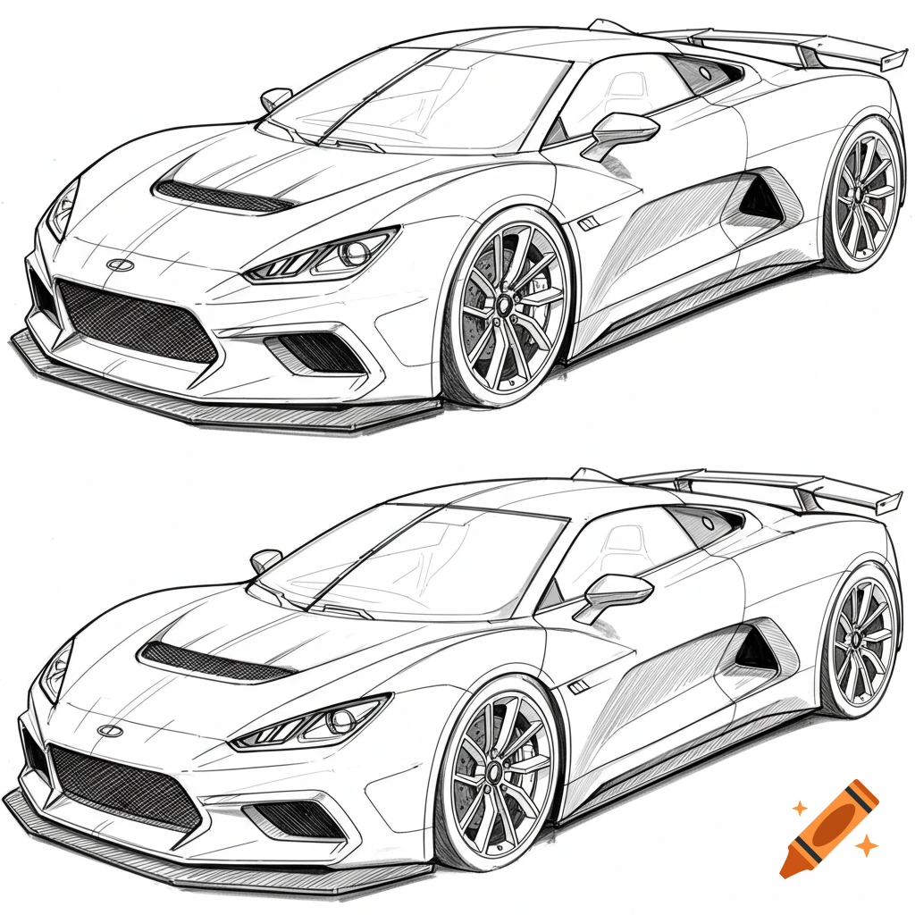 Two black and white line art concept sketches of a hypercar, shown from a front 3/4 view.