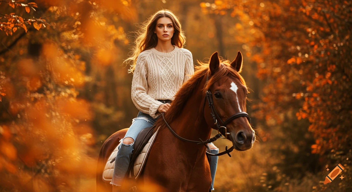 A woman with flowing hair rides a brown horse through an autumn forest bathed in golden light. Photorealistic style.
