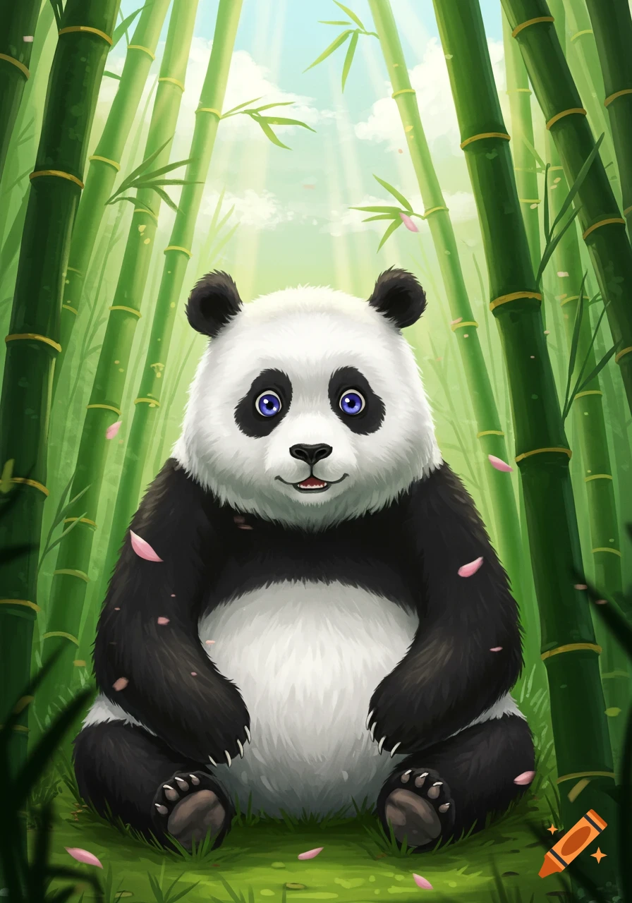 A cute, fluffy panda with blue eyes sits in a lush bamboo forest with pink petals falling in a stylized illustration.
