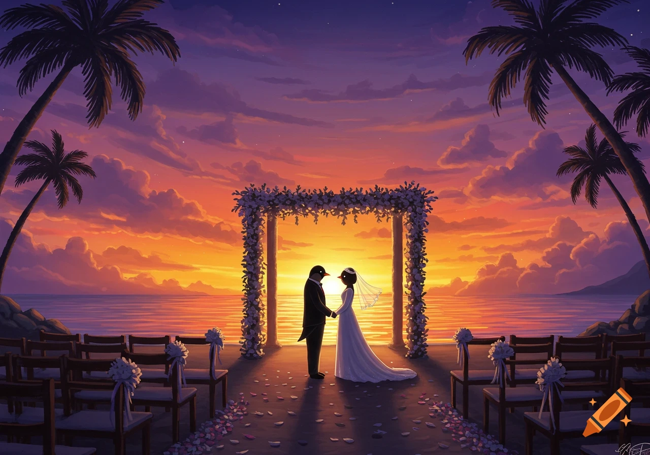 Illustrated sunset beach wedding with two stylized penguin figures, the bride and groom, holding hands at a floral altar.