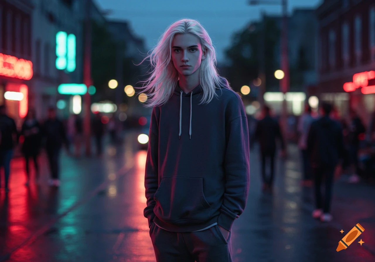 A long white-haired person in a baggy hoodie and sweatpants stands on a wet city street at night, illuminated by neon lights.