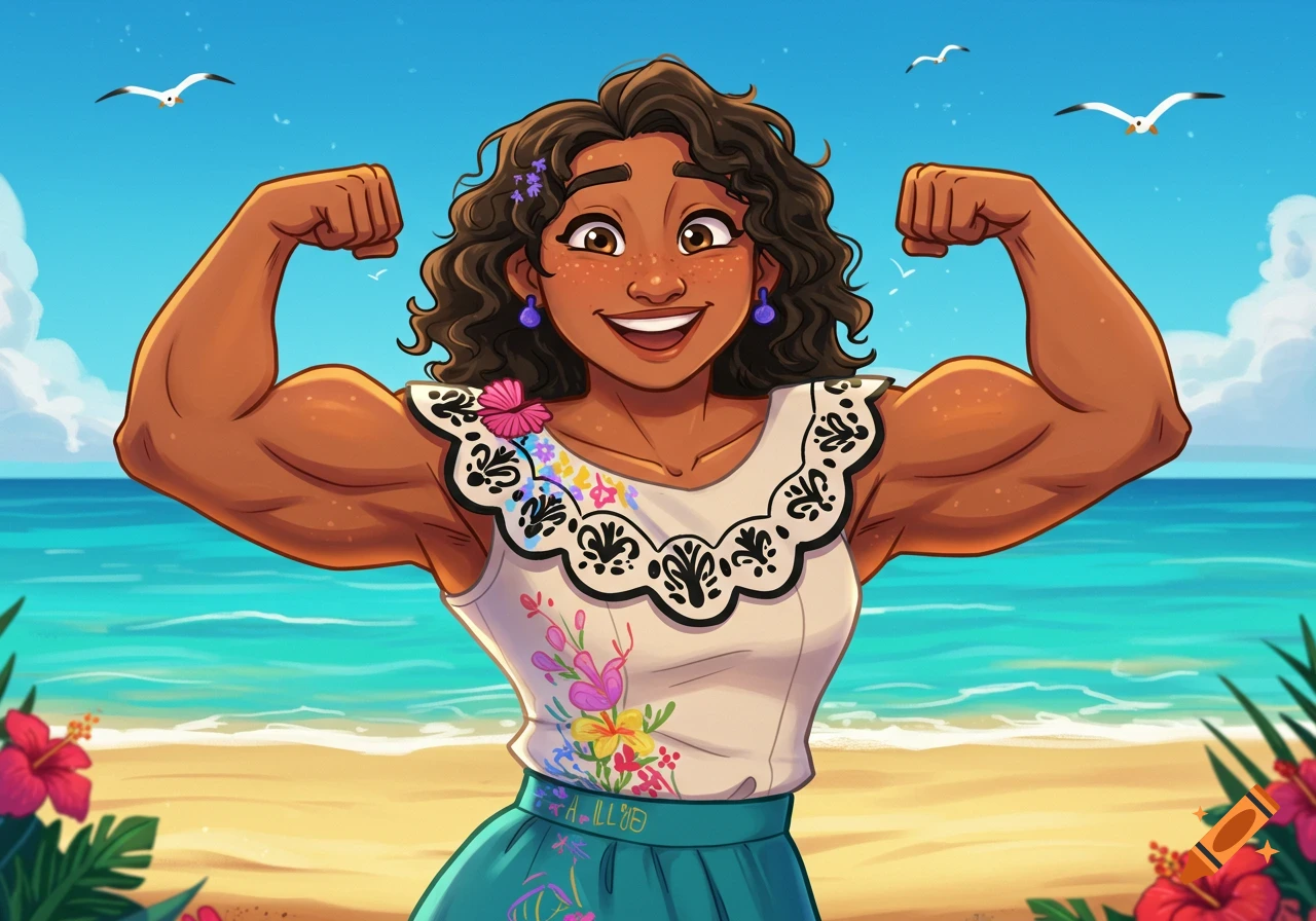 Cartoon of Mirabel's mom from Encanto, with large biceps, flexing at a sunny beach with seagulls.