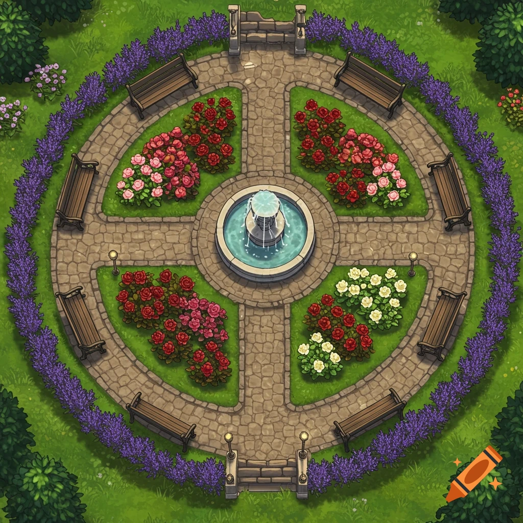 Top-down illustration of a circular park garden with a central fountain, stone pathways, benches, rose bushes, and lavender borders.