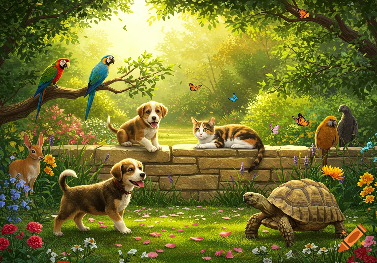 Colorful illustration of puppies, a cat, parrots, a rabbit, a turtle, and butterflies in a lush, sunlit garden.