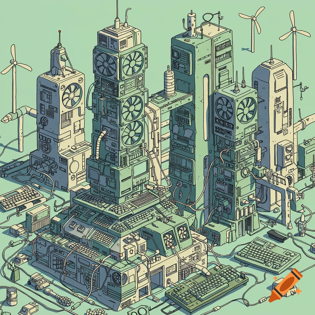 Isometric illustration of a city built from old tech components like keyboards, cables, and PC fans, in a simple green and beige palette.