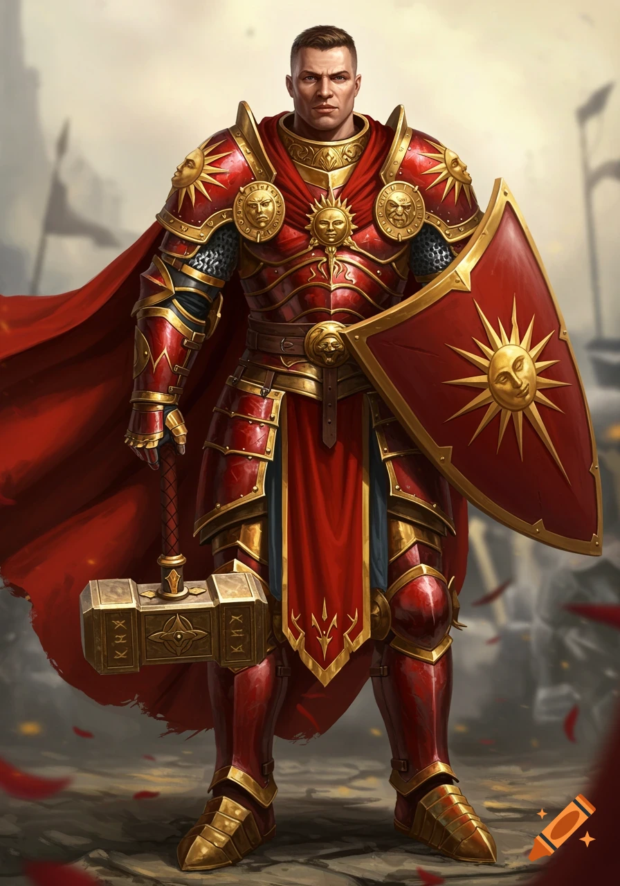 A handsome paladin in ornate red and gold plate armor, holding a warhammer and a shield with a sun emblem.