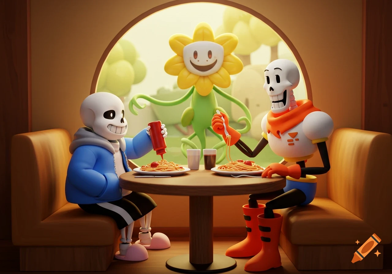 3D cartoon of Undertale's Sans and Papyrus eating spaghetti at a restaurant table, with Flowey visible through a window.