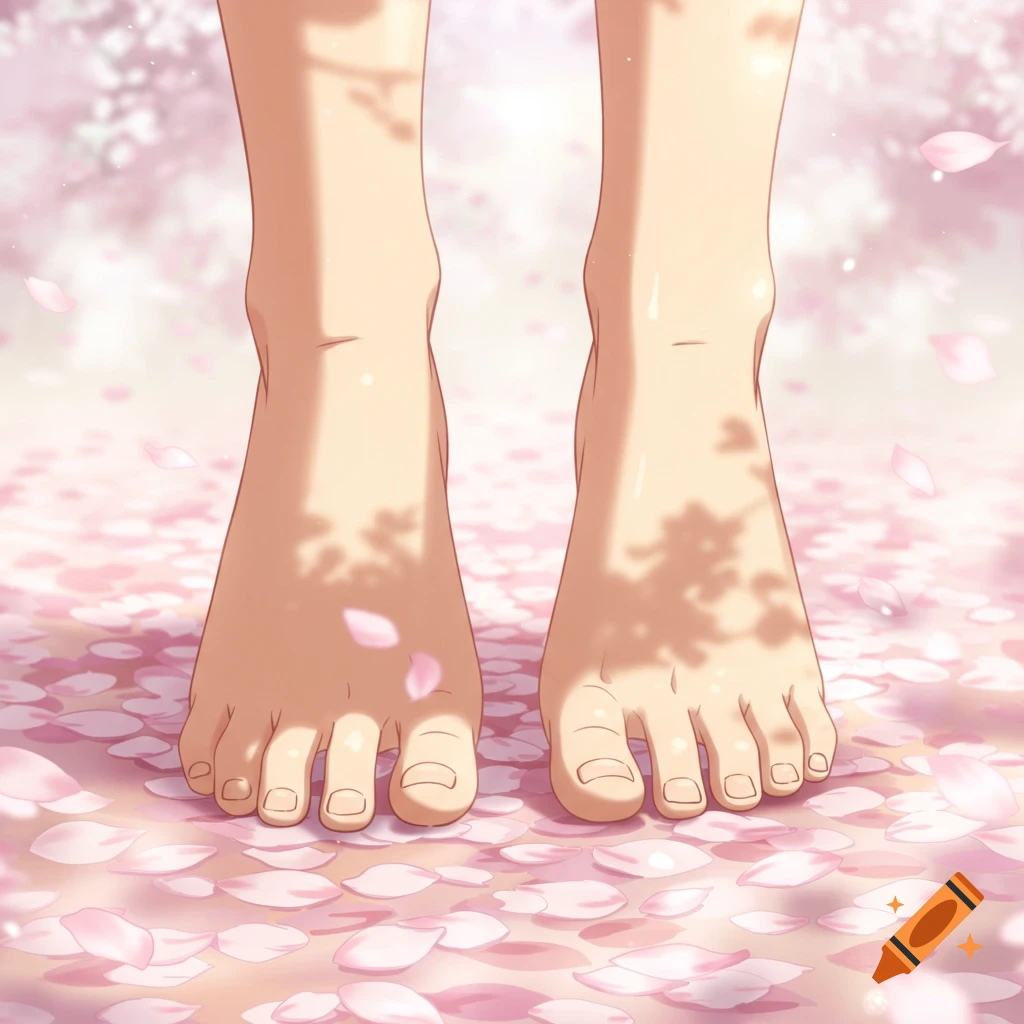 Anime style close-up of bare feet standing on a ground covered in pink cherry blossom petals with dappled light.