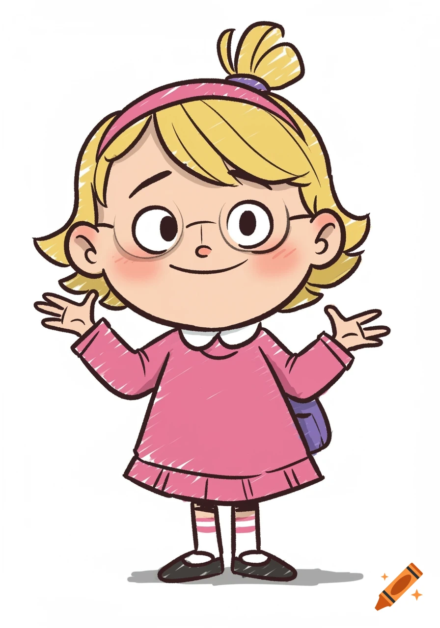 A blonde cartoon girl with glasses, wearing a pink dress and striped socks, smiles with open hands in a Charlie and Lola style.