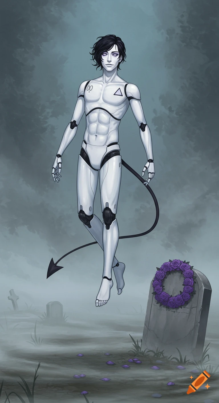 Anime-style white robot man with black hair, purple eyes, and a demon tail floats above a misty graveyard with a tombstone and purple roses.
