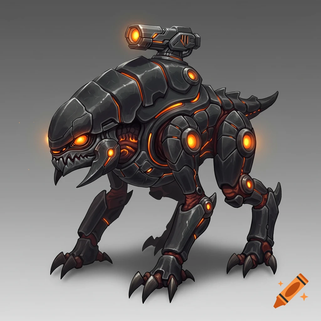 A menacing, quadrupedal alien hunter with dark obsidian armor plates, glowing orange vents, and a beam weapon on its head.