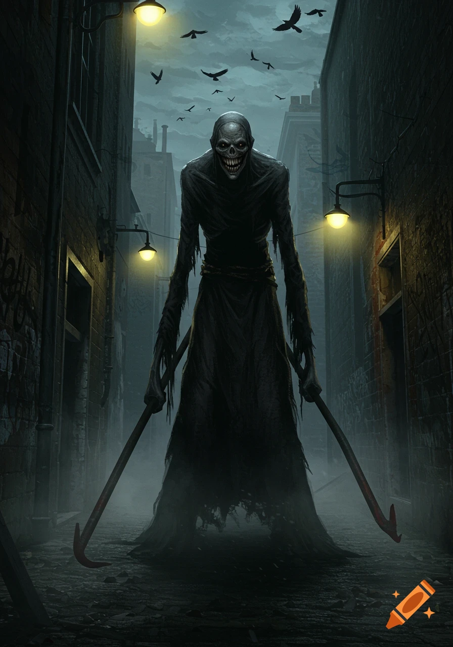 A tall, skeletal, grinning monster in dark robes stands in a shadowy alley, holding two crowbars. Crows fly under a cloudy sky.