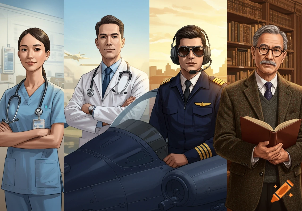 An illustration of a nurse, doctor, pilot, and professor in a split panel.
