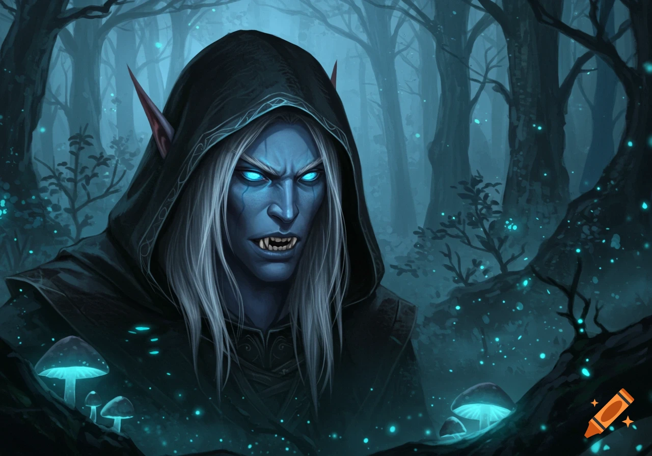 A blue-skinned male elf with glowing blue eyes, white hair, and sharp teeth, wearing a dark hood in a mystical, bioluminescent forest.