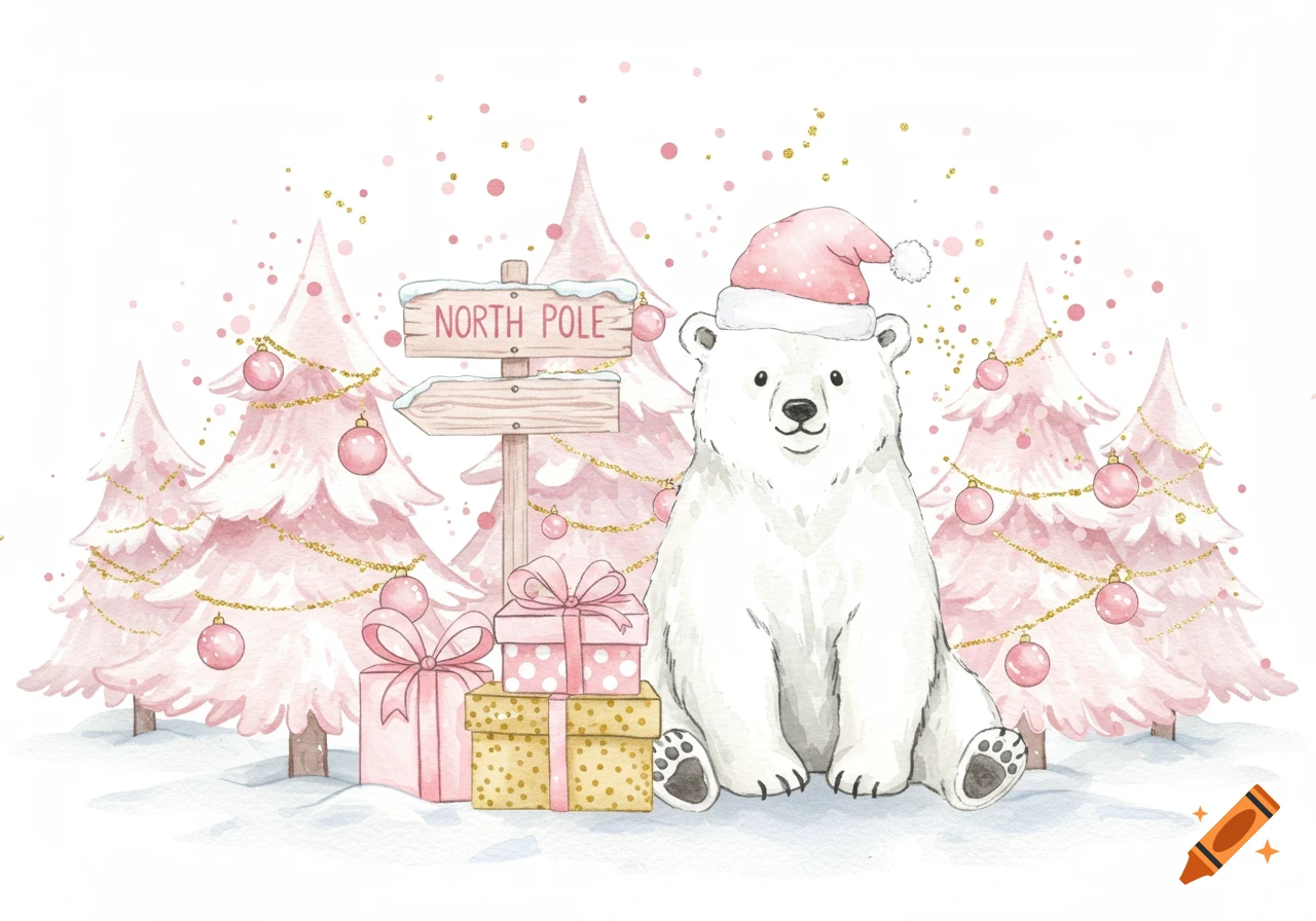 Whimsical watercolor sketch of a polar bear in a pink Santa hat sitting by a North Pole sign, pink Christmas trees, and gifts.