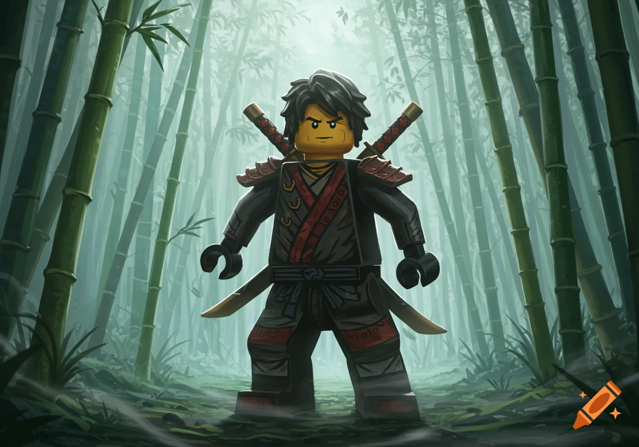 A stylized illustration of Lego Ninjago character Arin, standing sternly in a misty bamboo forest.