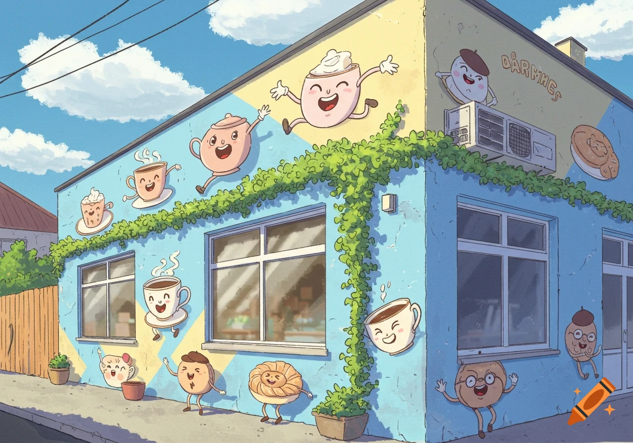 Cartoon-style cafe building decorated with cheerful anthropomorphic coffee cups, teapots, and pastries on its blue and yellow walls.