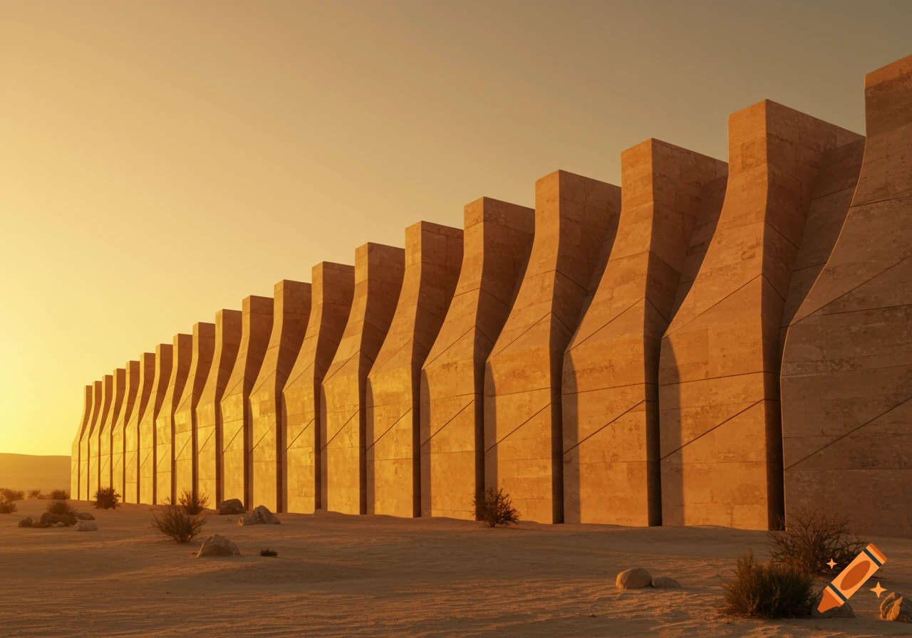 A long series of curved, brutalist-style concrete walls extending into a sandy desert at sunset.