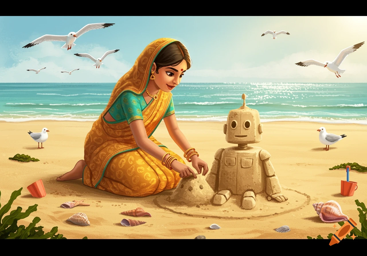 An illustrated scene of an Indian girl in a yellow saree building a sand robot on a sunny beach, with seagulls and ocean.