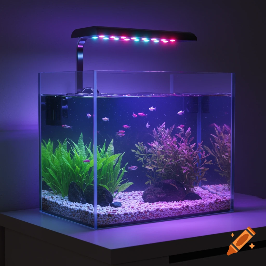 A small, clear glass aquarium with colorful fish, green and purple plants, white gravel, lit by an LED light fixture, casting blue and purple hues.