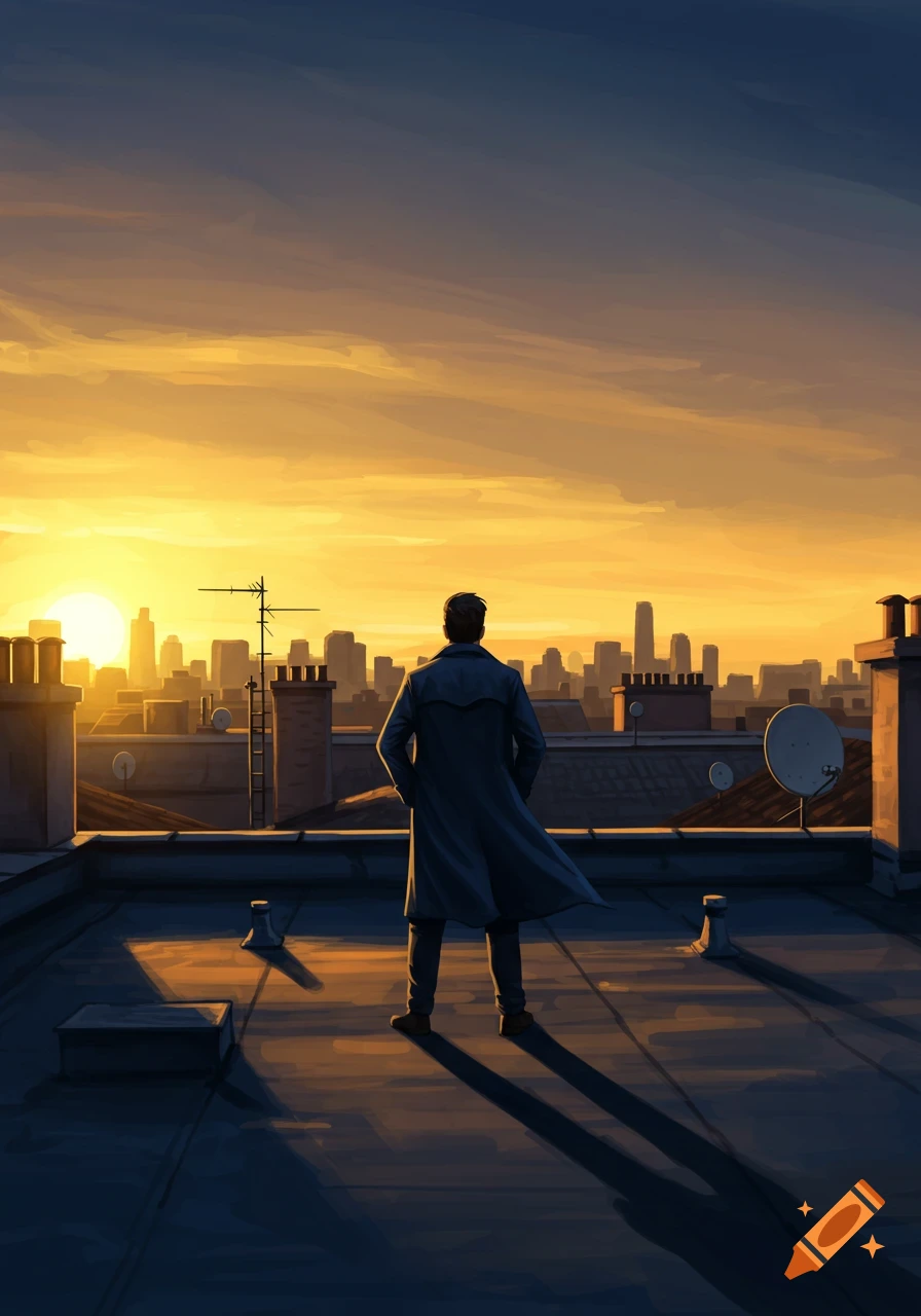 Digital painting of a man in a long coat on a city rooftop, looking at the vibrant sunset over the urban skyline.