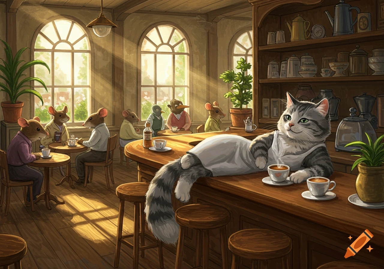 A cat lounging on a bar in a cozy cafe, surrounded by mice patrons at tables. Whimsical art style with warm lighting.