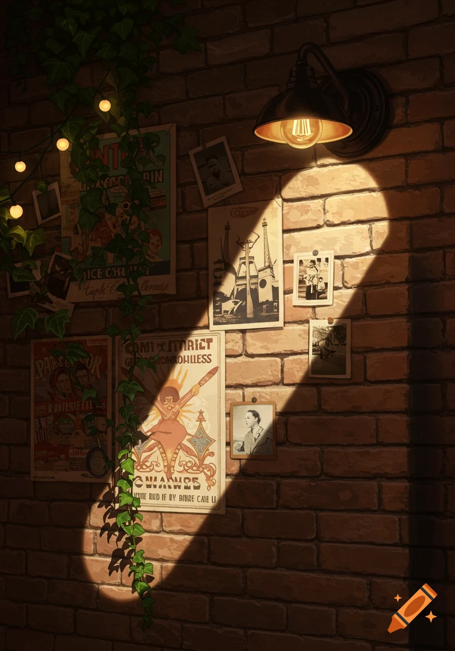 A sunlit brick wall of a cafe adorned with vintage posters, black-and-white photos, a string of glowing fairy lights, and green ivy, all illuminated by a wall-mounted lamp.