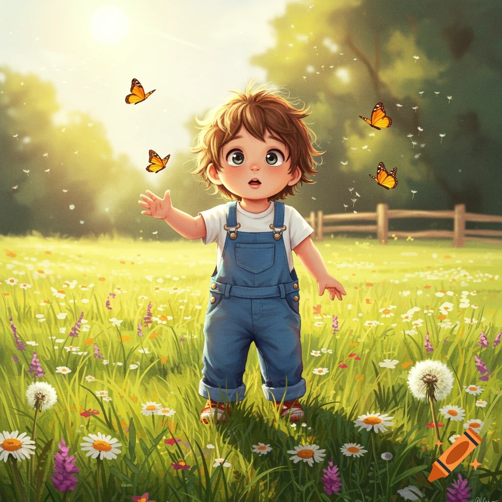 A cute, cartoonish child in blue overalls reaches for butterflies in a sunny field of wildflowers.
