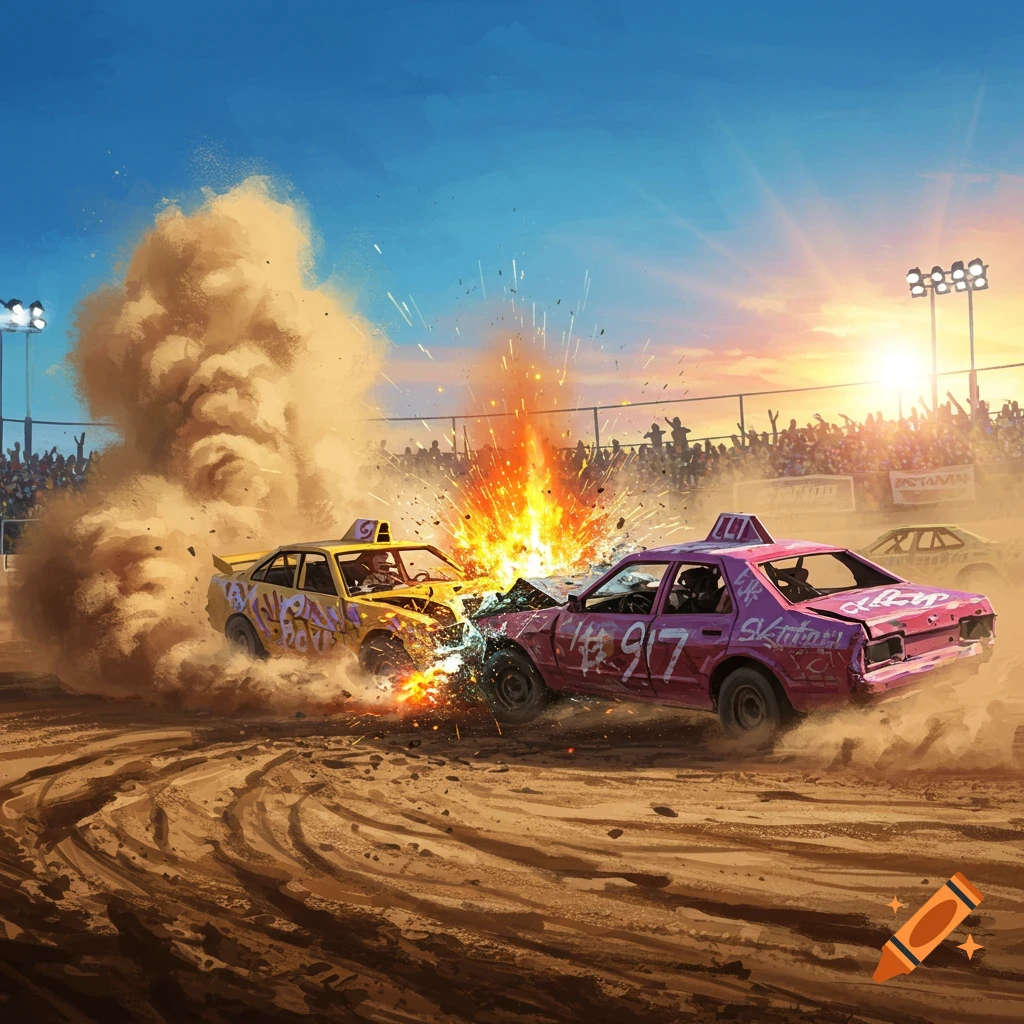 Two colorful demolition derby cars collide in a cloud of dust and fire, surrounded by cheering spectators and stadium lights at sunset.