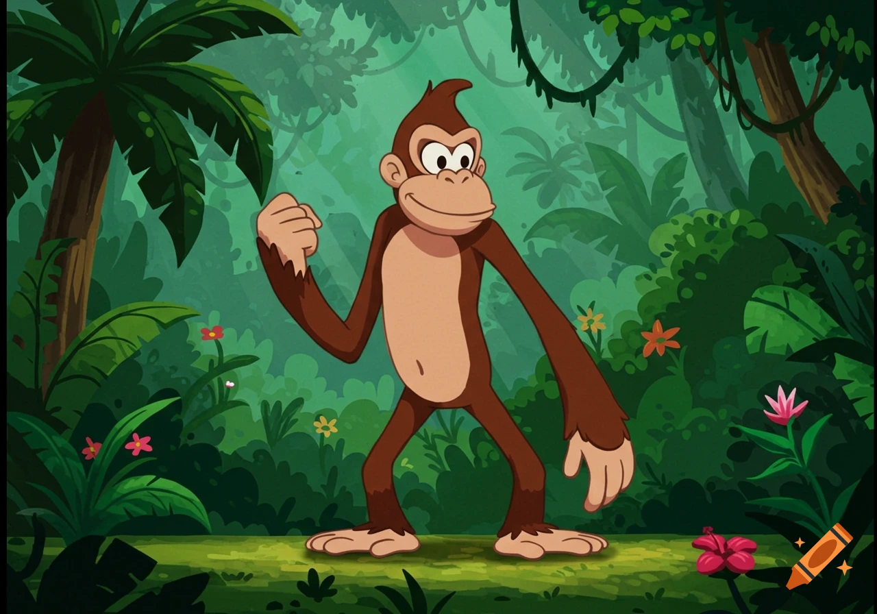 A cartoon monkey with brown fur and a light tan belly stands in a vibrant green jungle with palm trees and flowers.