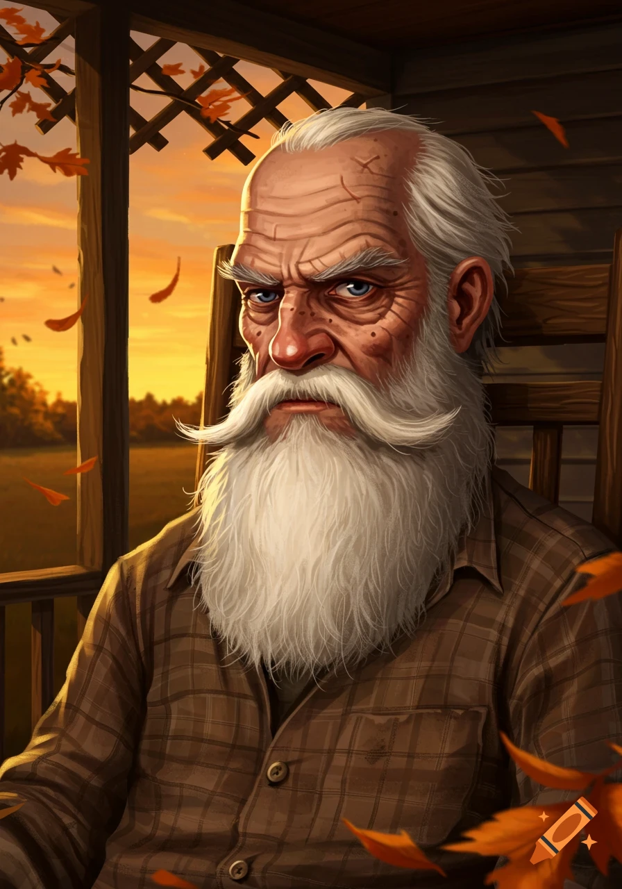 Illustration of a grumpy old man with a long white beard and plaid shirt, sitting on a porch at sunset with autumn leaves.