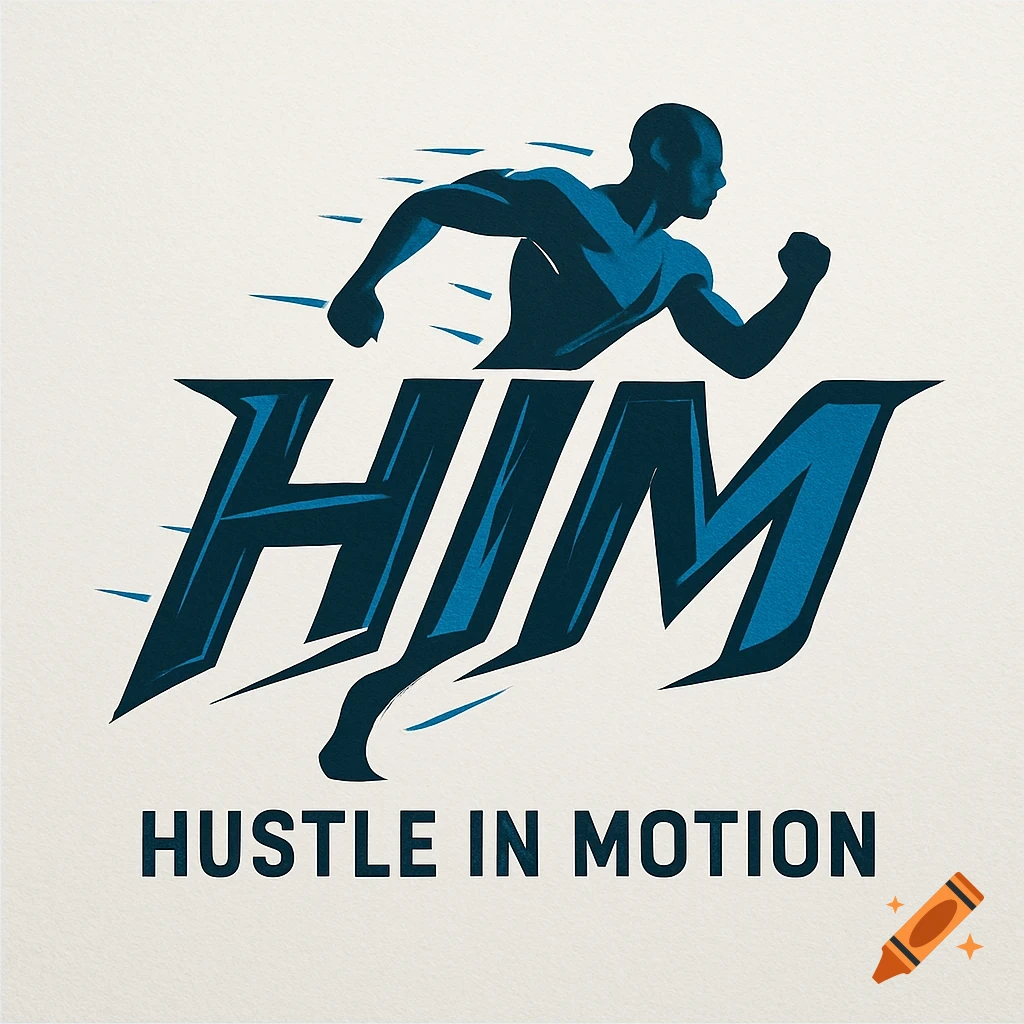 Stylized logo of a dark blue runner bursting above the bold letters HIM, with 'HUSTLE IN MOTION' text below.