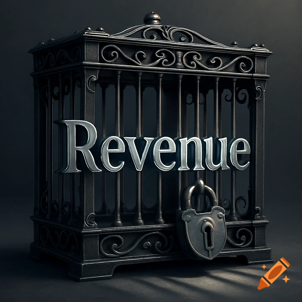 Photorealistic image of the word 'Revenue' in metallic letters, locked inside a dark, ornate metal cage.