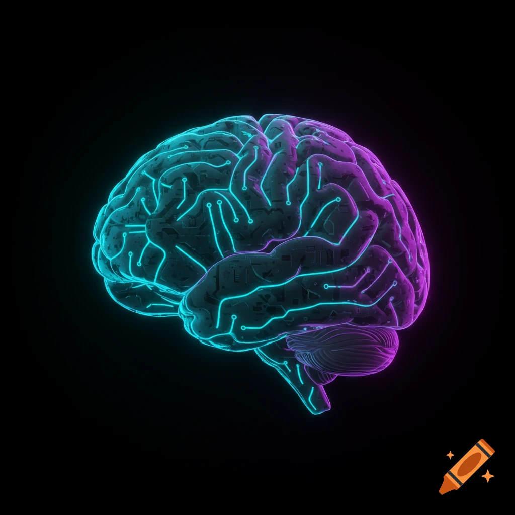 Minimalistic sci-fi image of a futuristic digital brain glowing with neon cyan and purple circuit patterns on a dark background.
