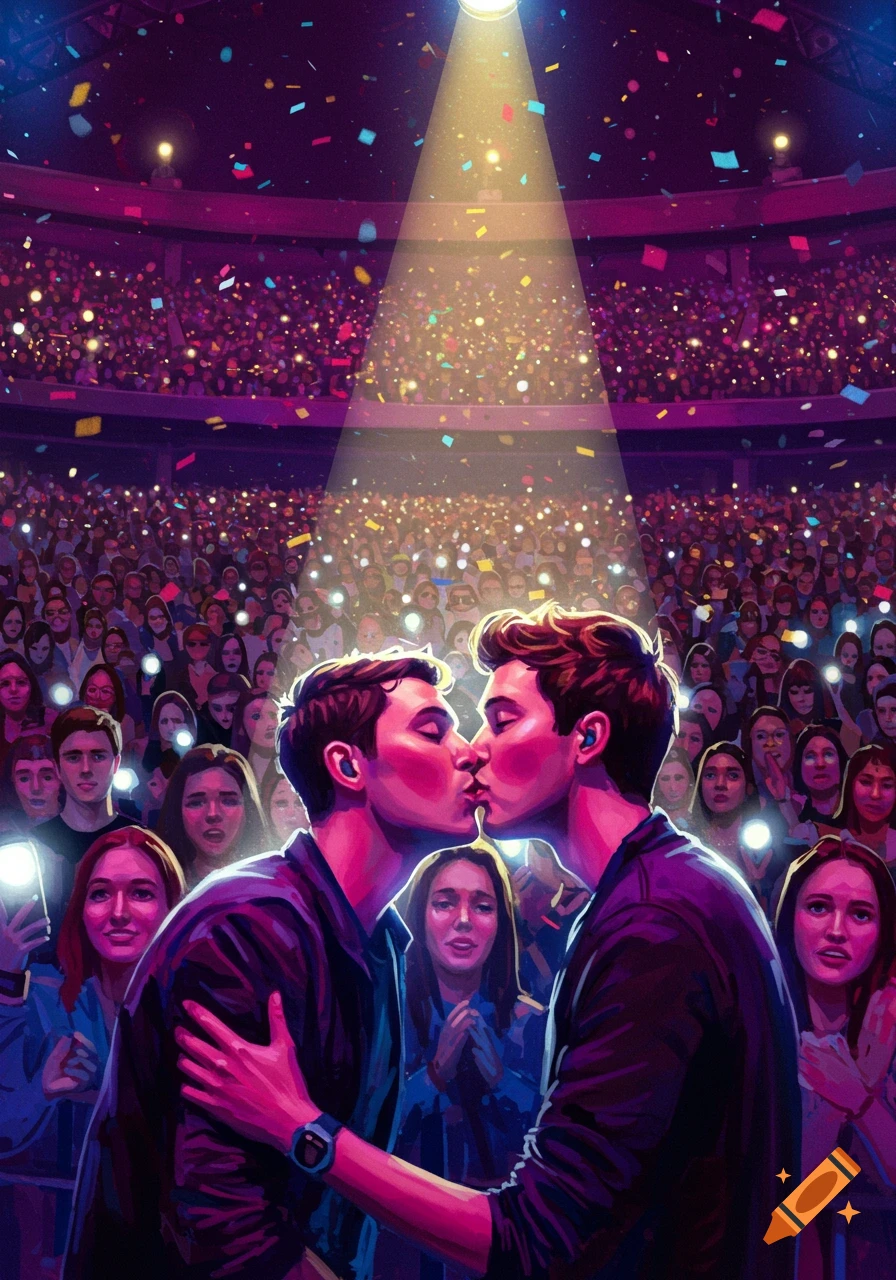 Two men passionately kiss under a spotlight in a vibrant, crowded concert stadium with confetti falling, in a painterly style.