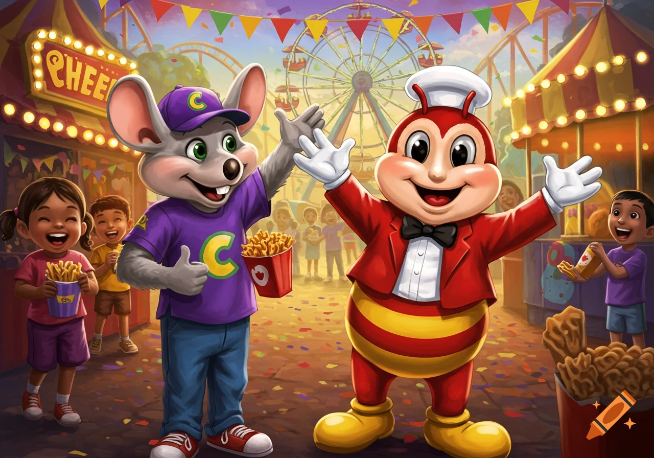 Vibrant cartoon illustration of Chuck E. Cheese and Jollibee mascots waving at a cheerful carnival with children and rides.