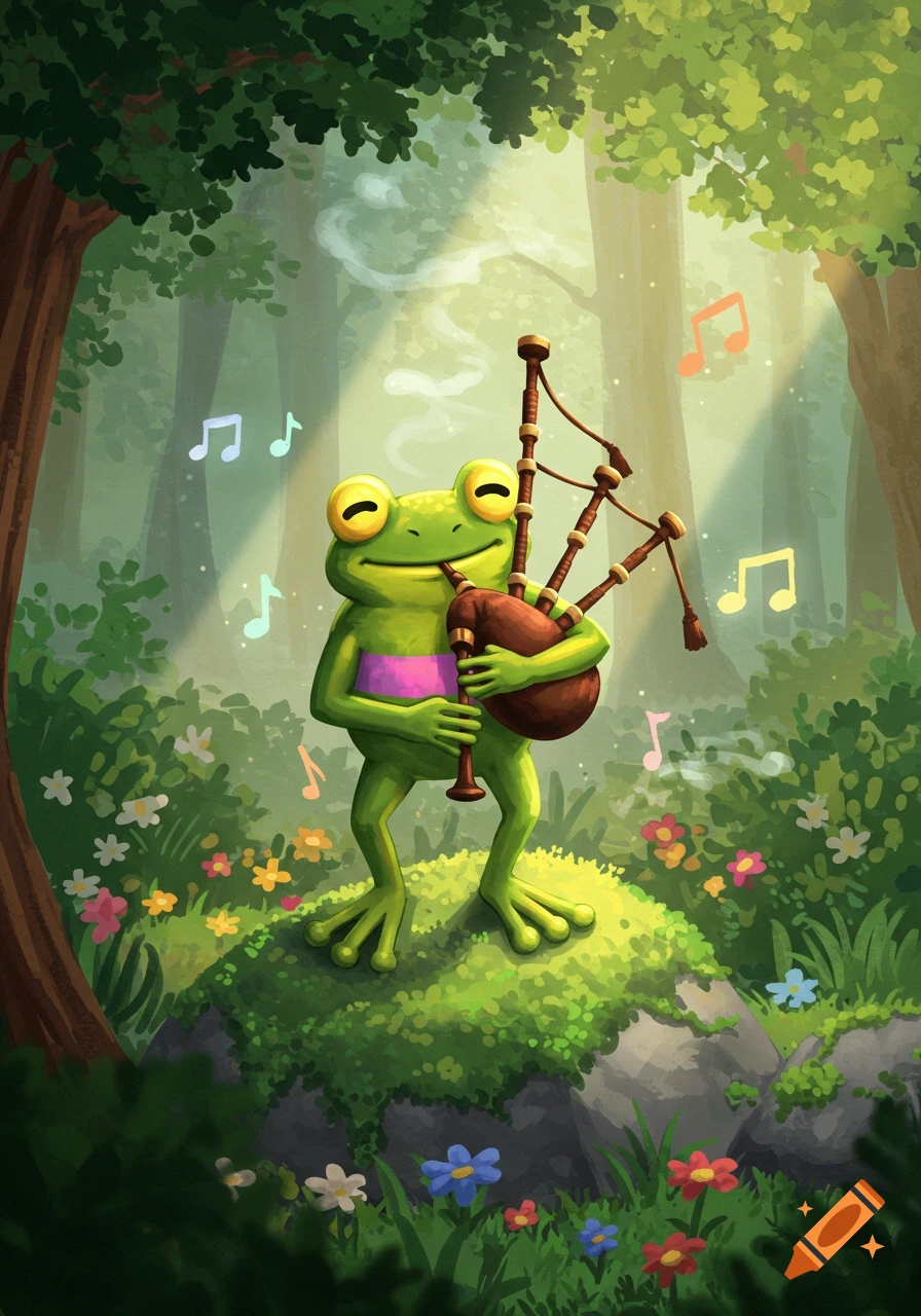 A happy green cartoon frog plays bagpipes in a sunny forest clearing, surrounded by flowers and floating musical notes.