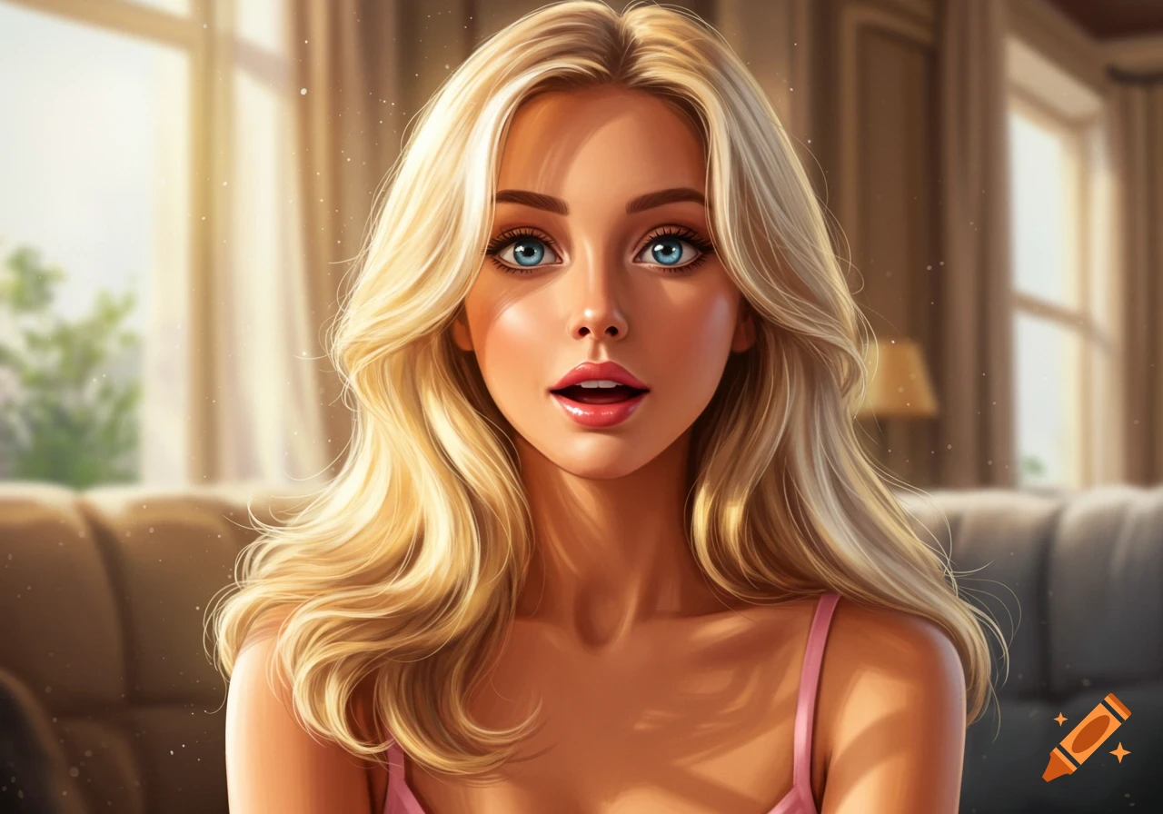 Digital painting of a surprised blonde woman in a pink spaghetti strap top, bathed in sunlight from a window.