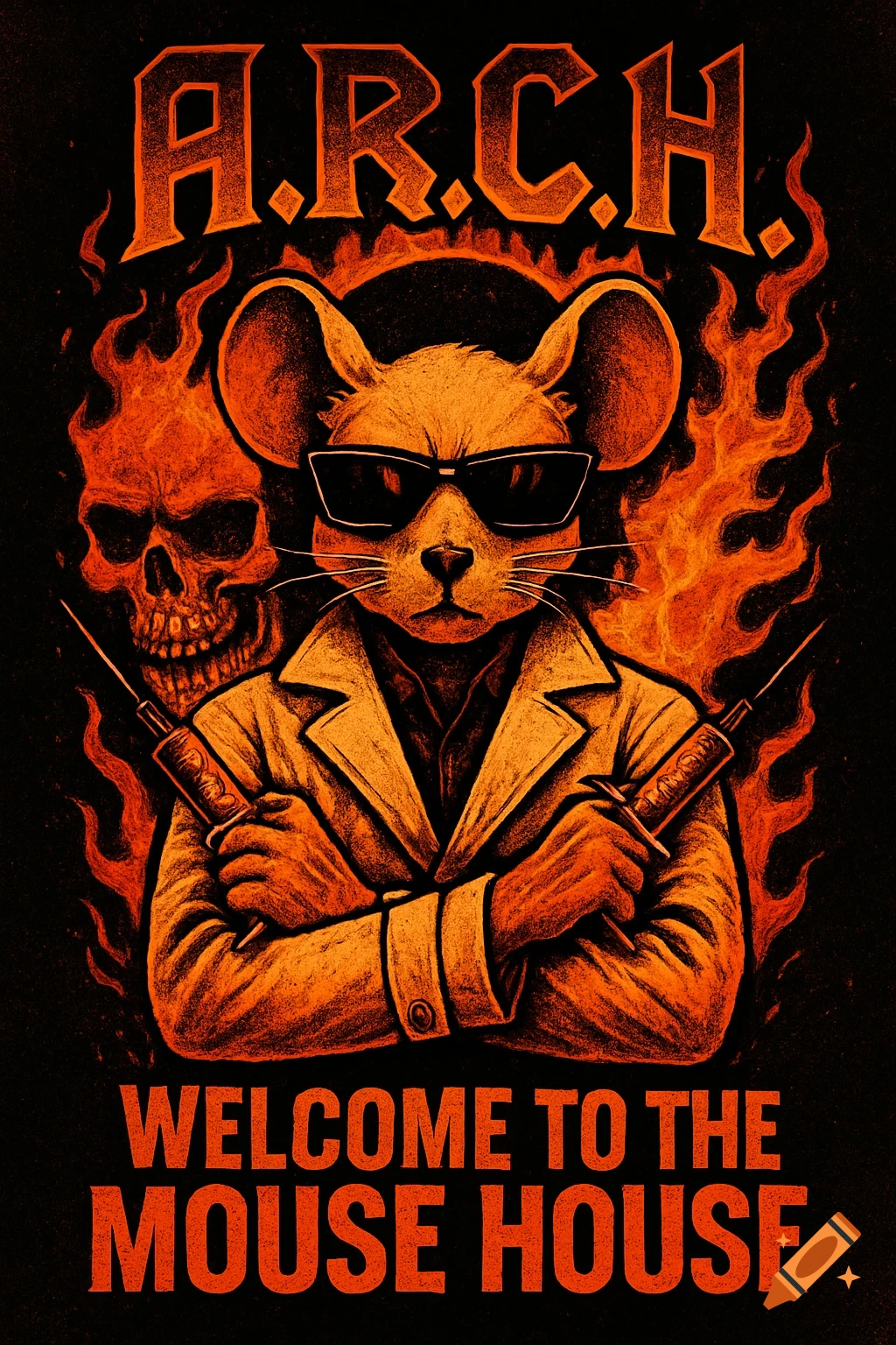 An edgy illustration of a mouse in a trench coat and sunglasses, holding syringes, with a flaming skull in the background. Text reads "A.R.C.H." and "WELCOME TO THE MOUSE HOUSE".