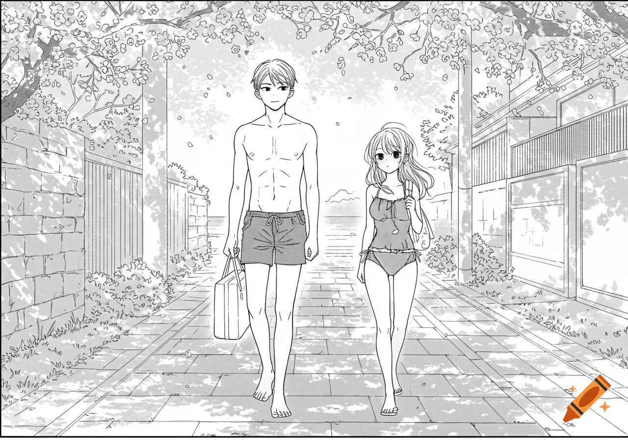 A man and woman in swimsuits walk on a path under blooming trees in a black and white manga style.