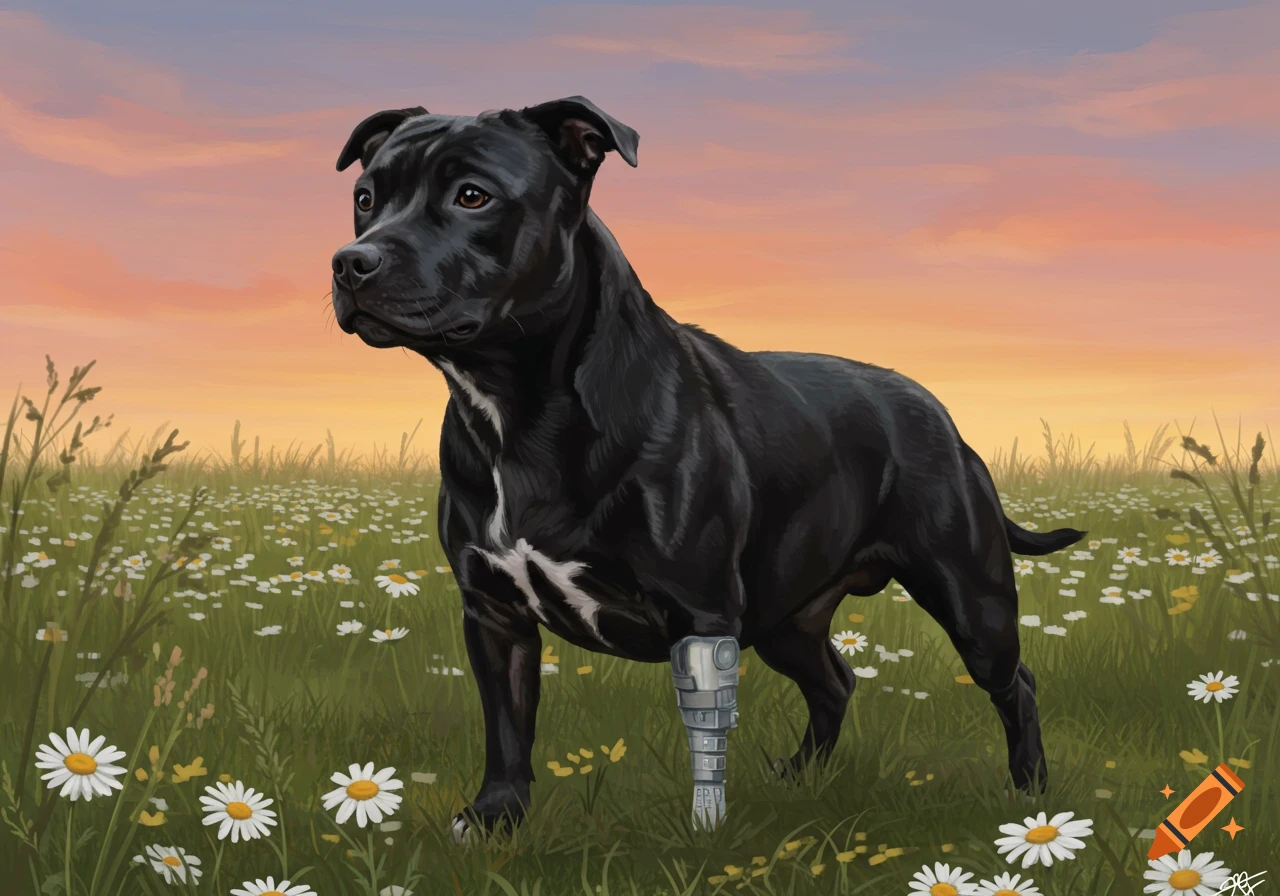 A black Staffordshire terrier with a prosthetic right front leg stands in a field of daisies at sunset, illustrated.