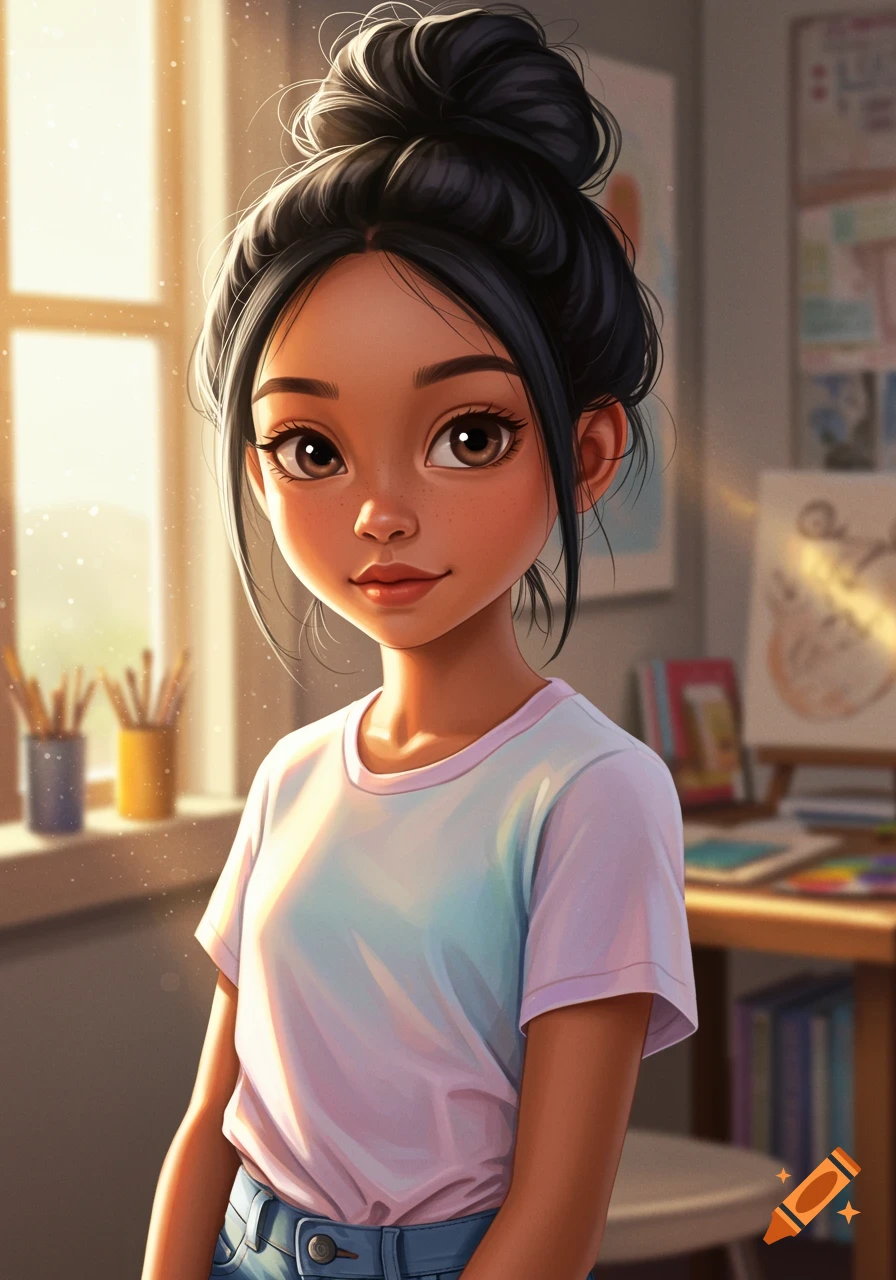 A cartoon portrait of a young girl with dark hair in a messy bun, wearing a white t-shirt, standing in a sunlit art studio.
