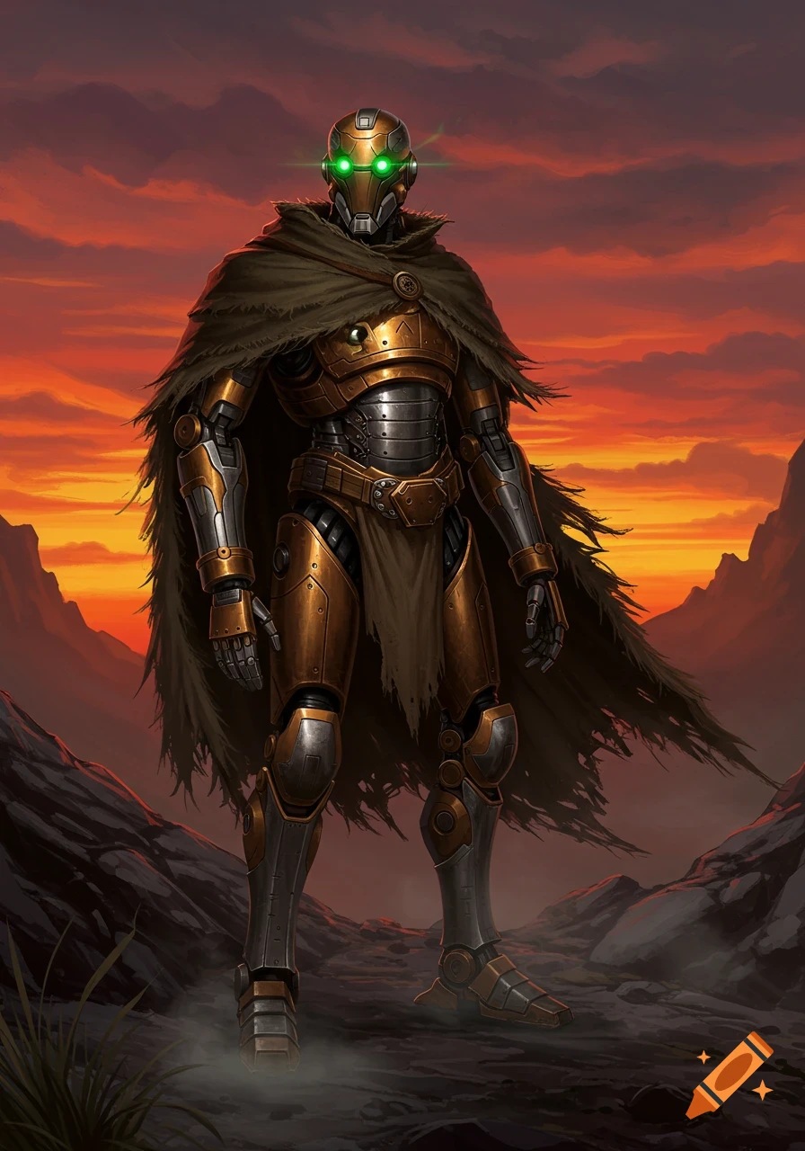 A robot adventurer in bronze armor, tattered cloak, and glowing green eyes stands in a desolate landscape at sunset.