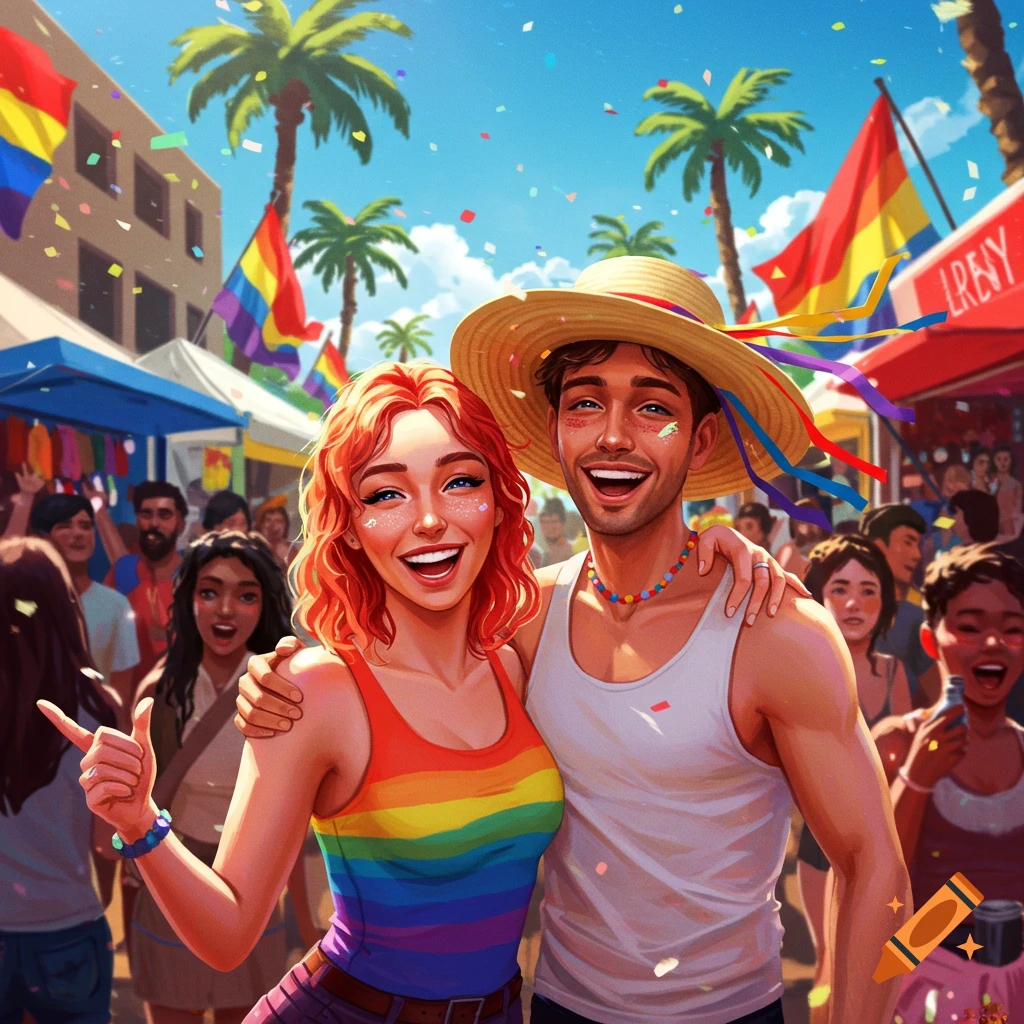 A happy man and woman, in an illustrative style, smiling and embracing at a vibrant outdoor pride parade with rainbow flags and confetti.