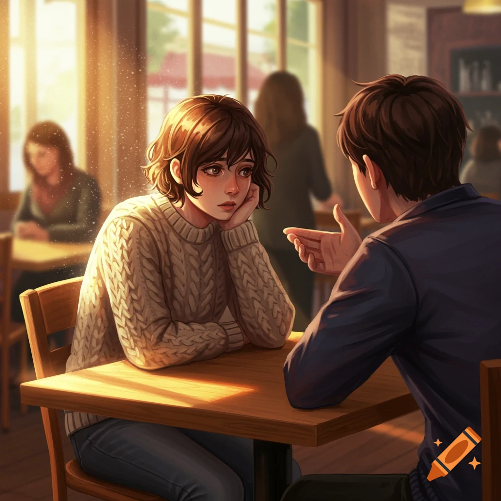An anime-style illustration of a sad-looking woman in a cafe, resting her chin on her hand, while a man talks to her.