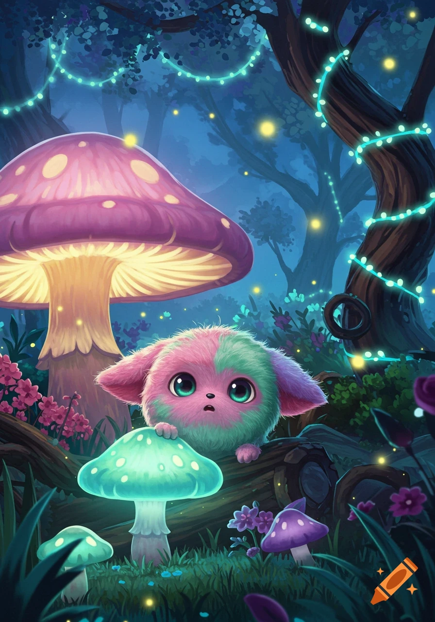 A cute pink and green fluffy creature peeking over a glowing turquoise mushroom in a magical forest with a large purple mushroom and fairy lights.